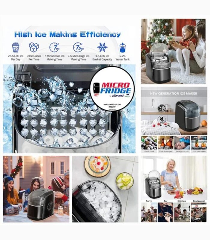 LEONARD USA Ice Cube Maker Machine with Self-Cleaning Function, Automatic with Inverter Technology, Makes Instant Bullet Ice Cubes in 6-8 Minutes, 26 lbs/day (Bl